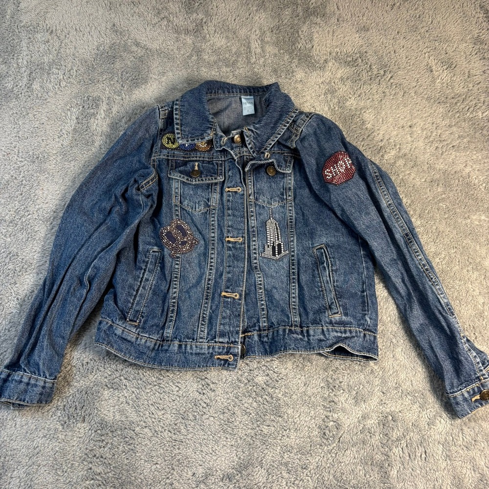 Carters Kid Girls Denim Jacket Medium Wash Rhinestone NYC New York City Size 14